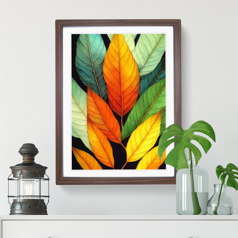 Colourful Leaves No.3 - Single Picture Frame Print, 64cm H x 46cm W x 2cm D, Walnut