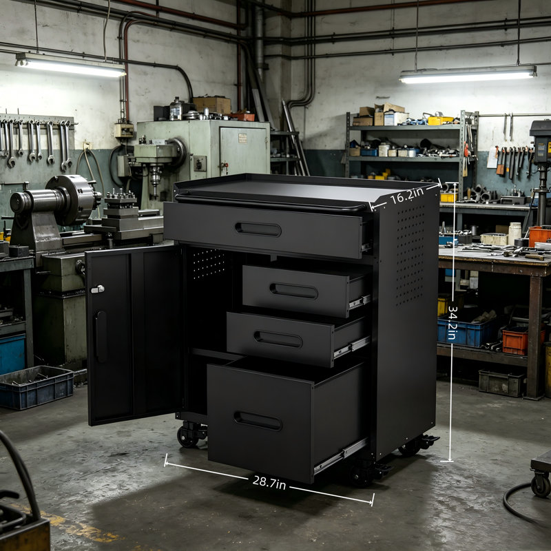 Steel Roller Mobile Tool Cabinet With Lockable Compartments And Four Drawers, Suitable For Both Workshops And Garages, Providing Stable And Secure Storage.
