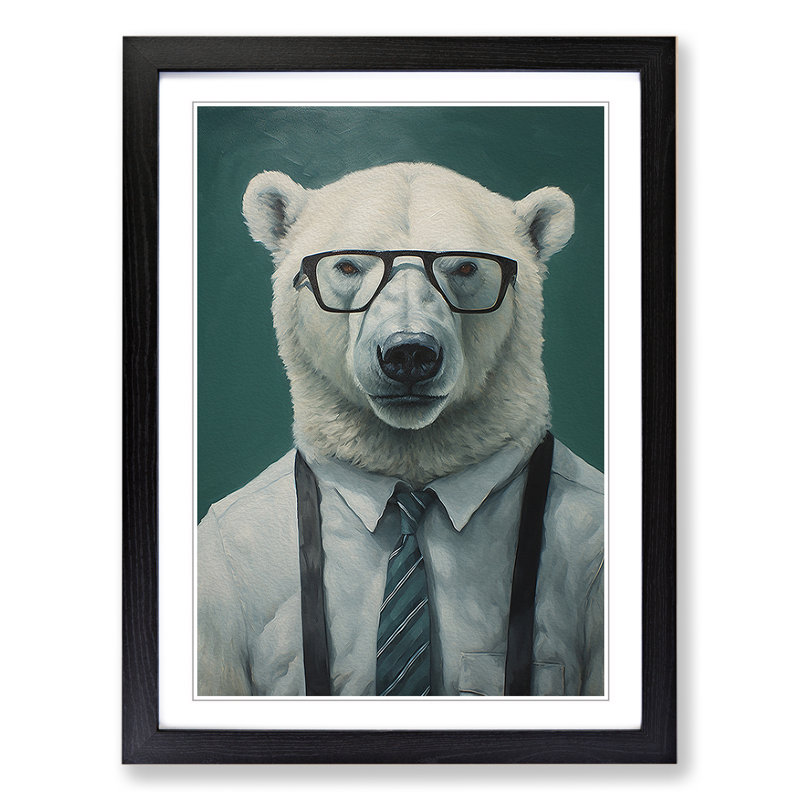 Polar Bear With Glasses No.3 - Single Picture Frame Print on Wood, Black Framed, 46cm H x 34cm W x 2cm D