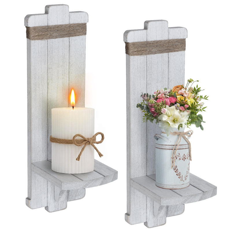 Ensemble de 2 porte-bougies murales rustiques en bois rustique, Blanc
