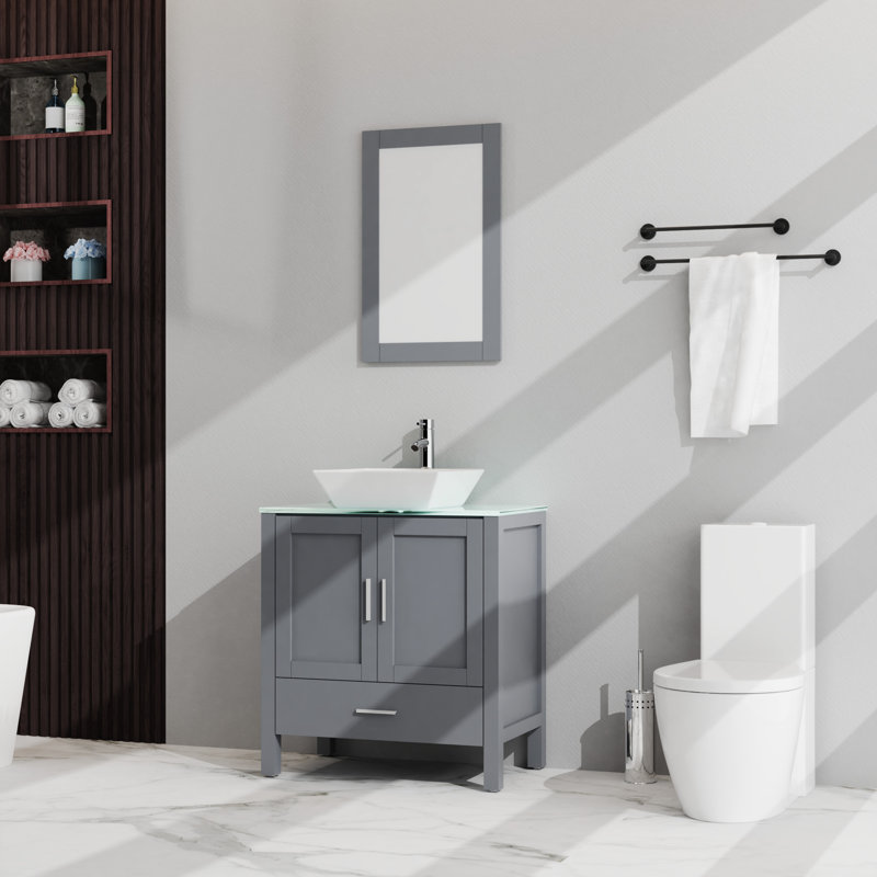 Meuble-lavabo de 30 po, gris. Armoire avec miroir. Évier de 16,5 x 5,5 po. Rangement généreux. Charnières. Évier de meuble-lavabo coulissant silencieux, plateau en verre trempé. Armoire à 2 portes et 1 porte. Assemblage facile et spacieux