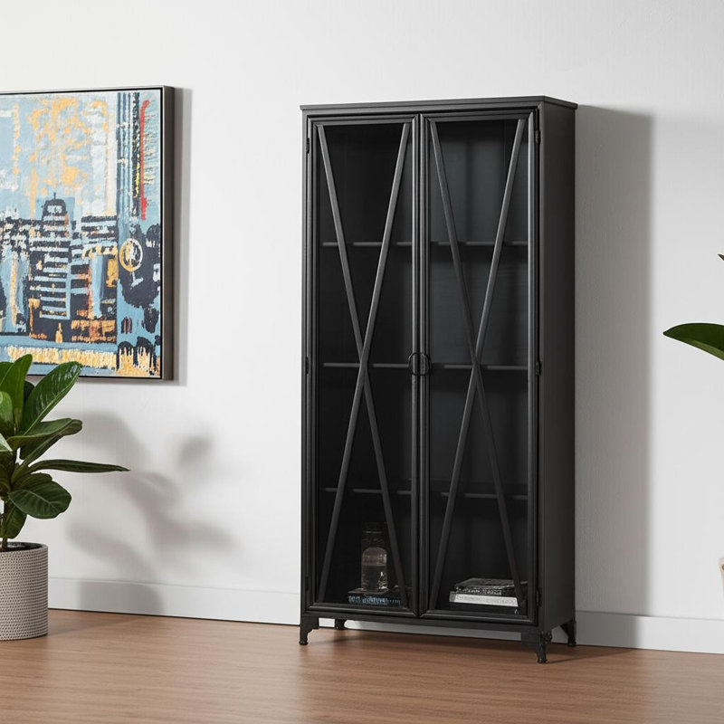 Vitrine 38 po en verre et métal noir avec deux portes