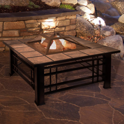 Pure Garden 32-Inch Outdoor Firepit Table with Screen, Cover, and Poker