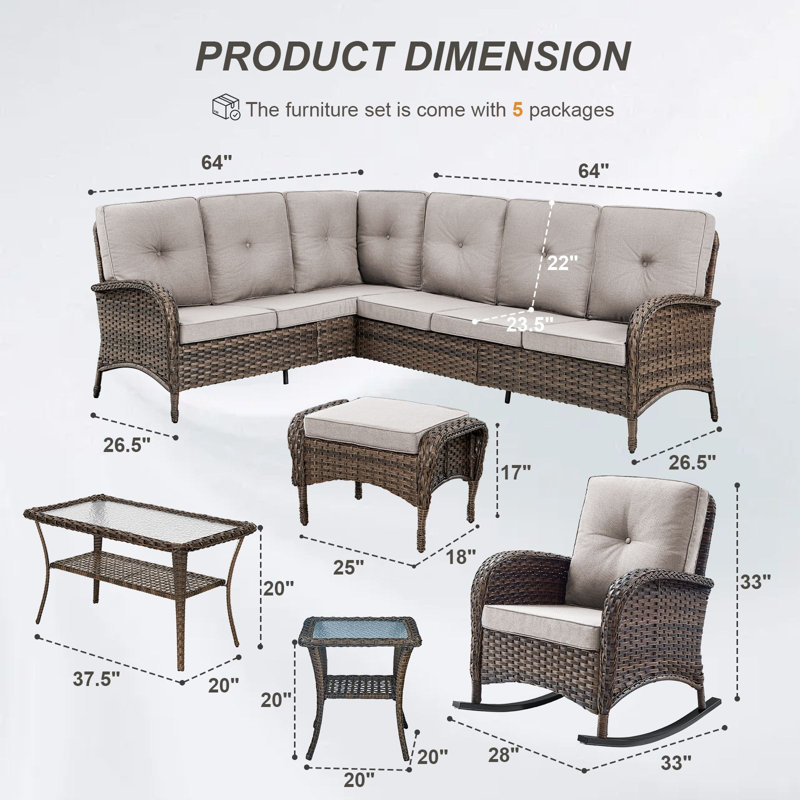 Valierius Outdoor Sectional Sofa Set With Rocking Chairs, Ottomans, PE Wicker, Water-Resistant Cushions, Beige