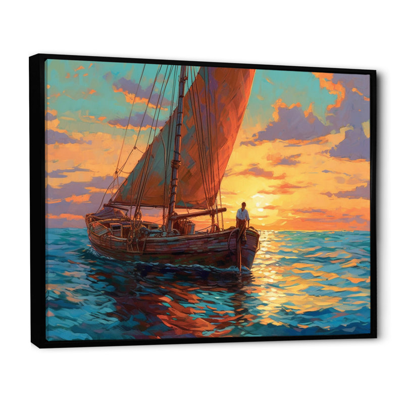 Voilier en mer sur toile, H 16 po x l 32 po x P 1 po, Cadre flottant noir