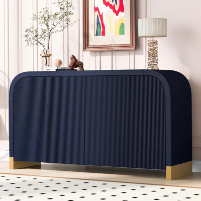 Modern Sideboard With Adjustable Storage Shelves, 4-door Curved Corner Design Wavy Door Panel Cabinet by Mercer41