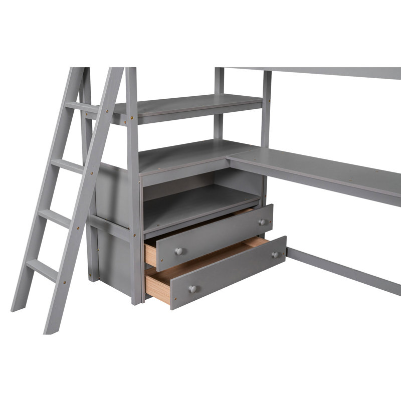 Lit mezzanine simple avec bureau, tablettes et tiroirs - gris, gris moderne et élégant