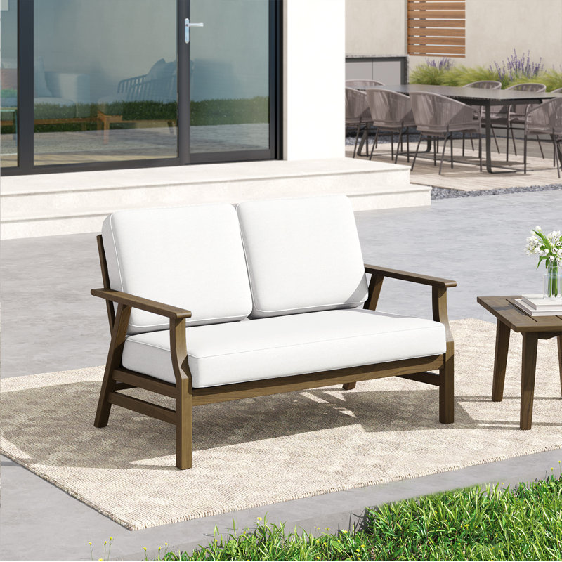 Causeuse d'extérieur en teck massif avec coussin et accoudoirs, Beige, Brun