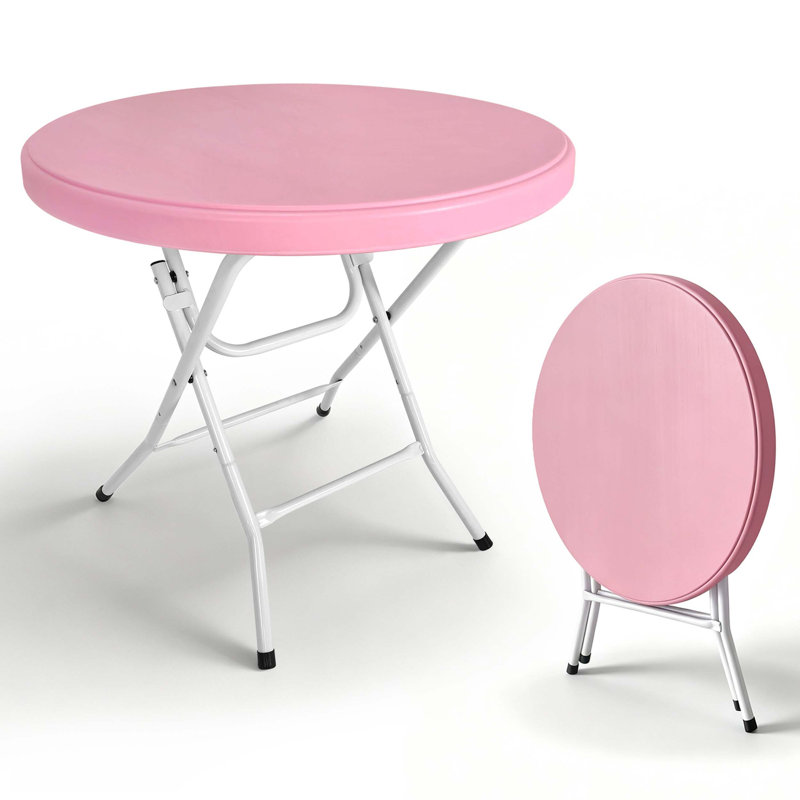 Table bistro ronde et pliante pour les fêtes et les événements en plein air avec plateau en PEHD durable, Rose / Blanc