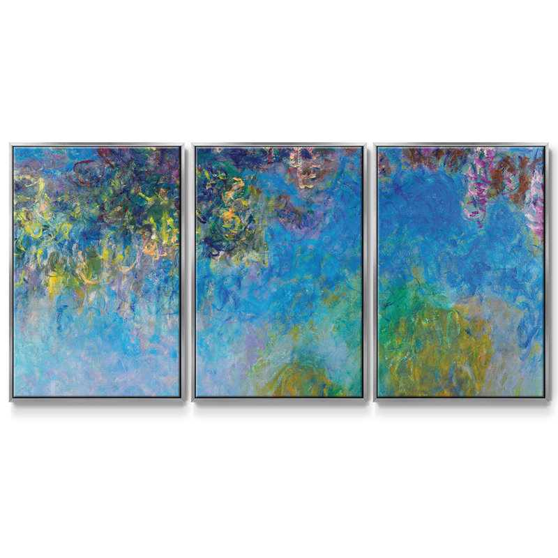 "Wisteria", peinture sur toile 3 pièces, H 36 po x l 75 po, Encadrement argenté