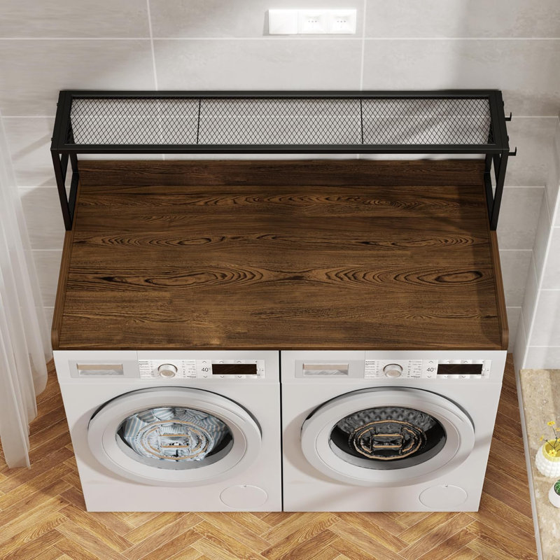 Washer Dryer Countertop With Shelf, 2-Tier Laundry Room Wood Topper With Edge, Walnut