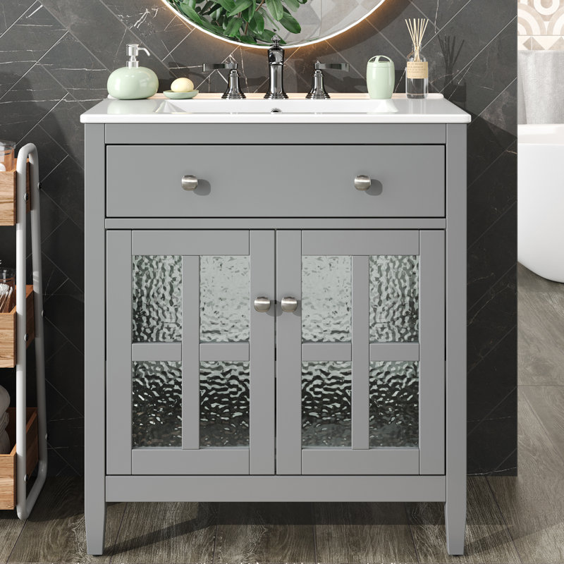 30" Freestanding Bathroom Vanity With Ceramic Top, Grey