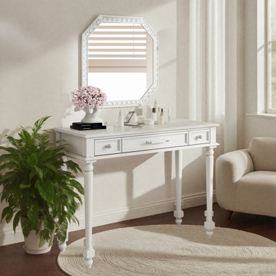 Bureau de coiffeuse rétro avec grand miroir, coiffeuse à 3 tiroirs pour le rangement des bijoux, console élégante pour la chambre à coucher, le salon, couleur blanche