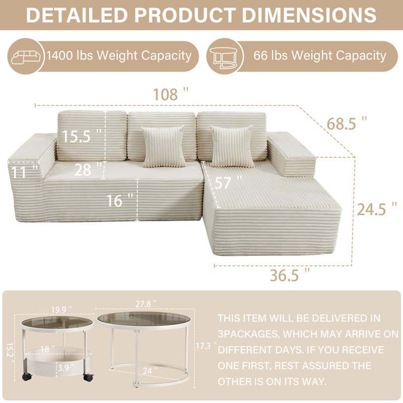 Ensemble de salon 2 pièces en velours côtelé avec table basse, Orienté à droite