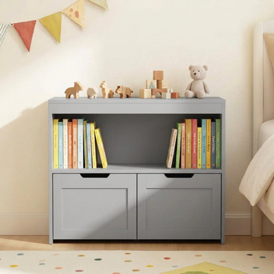 Kids Storage Cabinet with Open Compartment and 2 Pull-Out Drawers, Wooden Toy Organizer Bookcase, Freestanding Children Storage Chest for Nursery, Pla by Rebrilliant