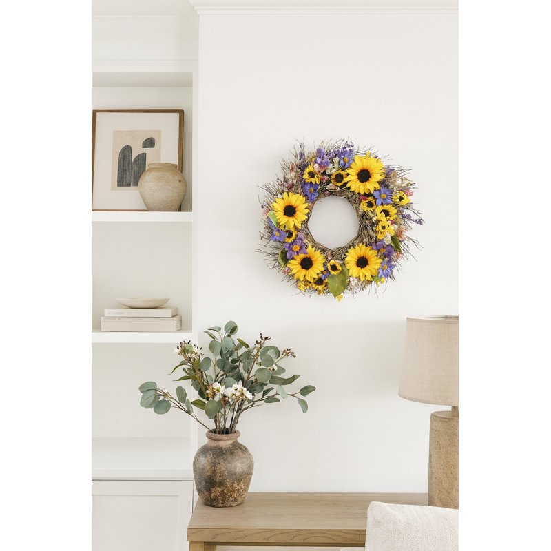 Handmade Mixed Greenery Twig and Real Floral Wreath, 30" H x 30" W x 6" D