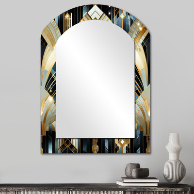 1970S Blue And Gold Damask Art Deco - Marble Asymmetrical Decorative Mirror, Modern Arch Wall Mirror, Printed Metal Art