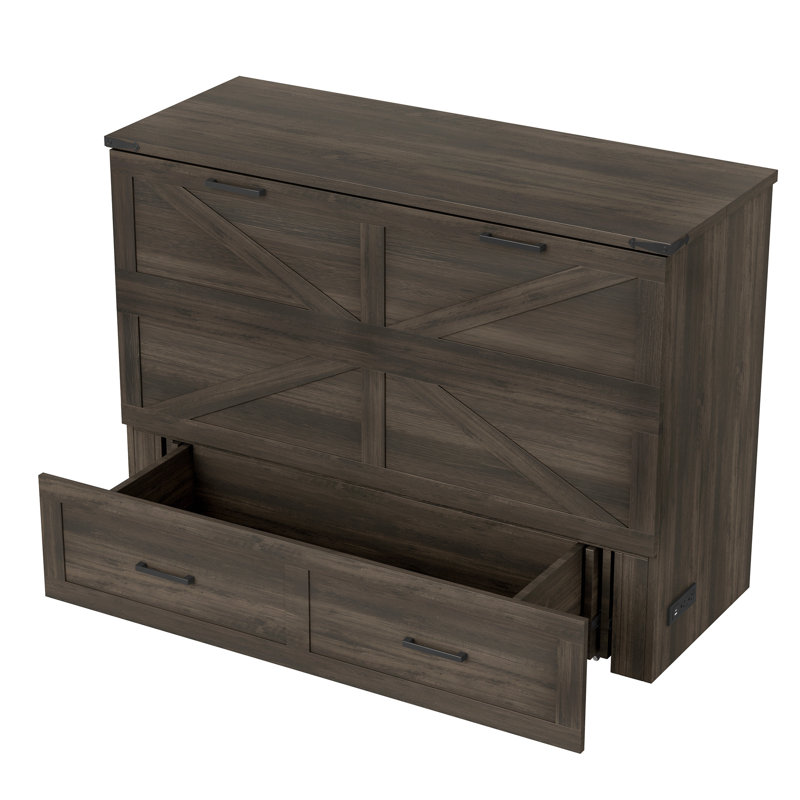 Lit double escamotable pleine grandeur avec station de charge, lit plateforme pliable avec grand tiroir de rangement pour chambre d'amis, petite chambre, gris rustique