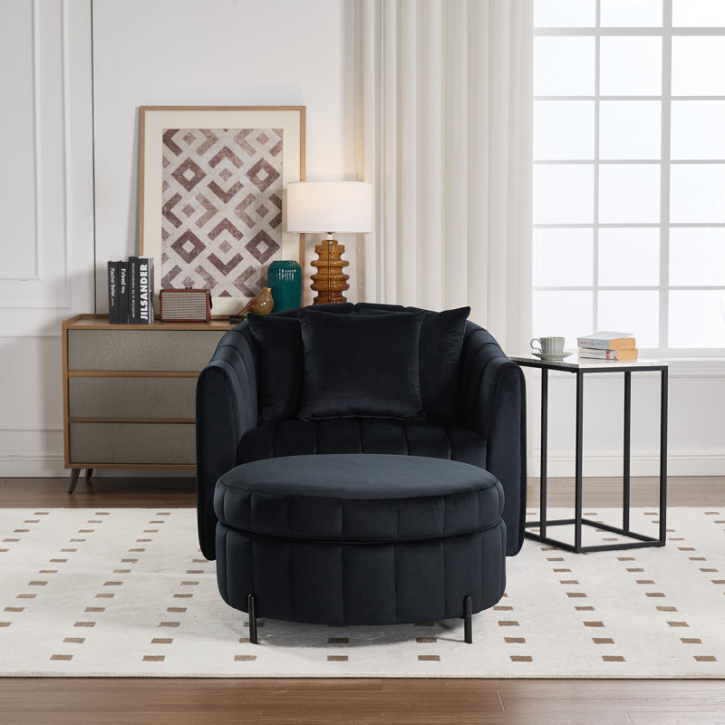 Upholstered  Swivel Barrel Armchair With Ottoman, Black