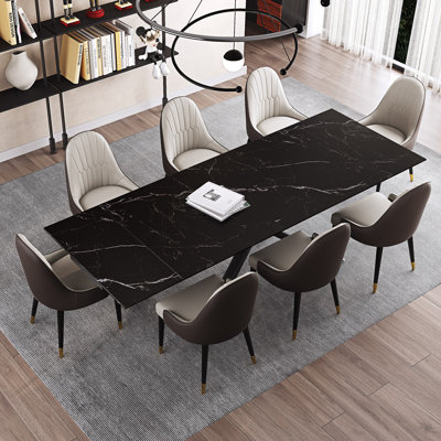 Kerius 9 - Piece 70.86" to 102.36" Extendable Rectangular Sintered Stone Dining Table with 8 Leather Chairs Dining Set