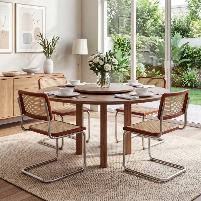 Crumley 18.1" H Mid-Century Modern Rattan Dining Chairs with Rattan Cane Backrest, Natural/Walnut/Chrome