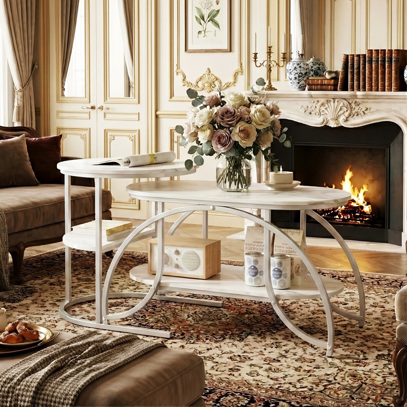 Oval & Round Nesting Coffee Tables (80+52Cm), High-Low Marble Effect Duo With 4-Tier Storage, Silver