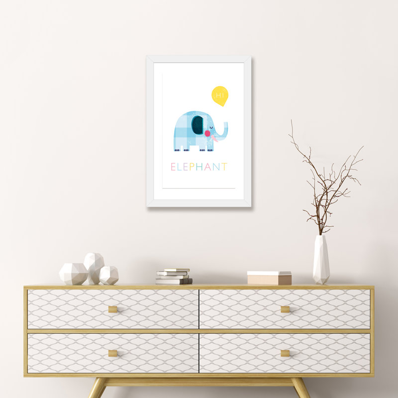 Éléphant - impression d'art graphique, Papier encadré blanc, H 24 po x l 16 po x P 1 po, Blanc