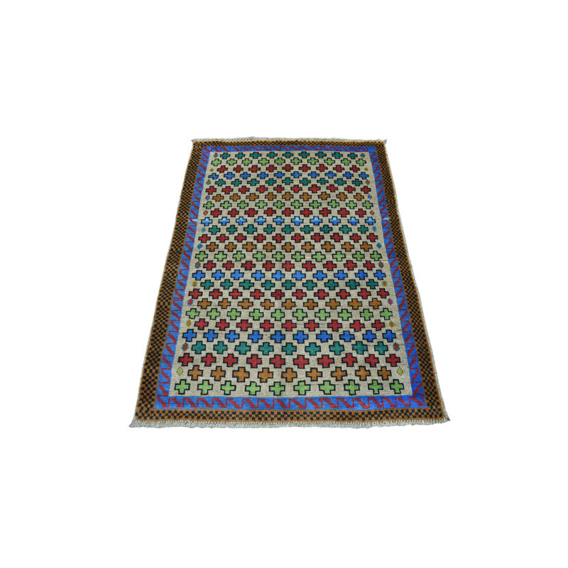 Tapis de zone en laine 3 pi 4 po x 4 pi 9 po noué la à la main one-of-kind