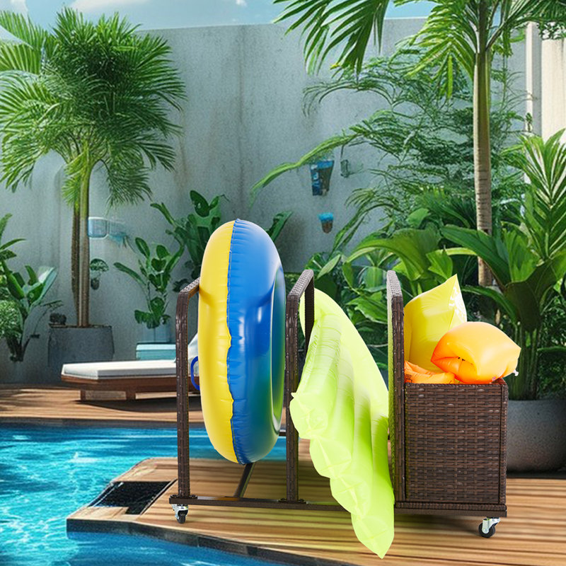 Poolside Float Storage Organizer, Outdoor Wicker Rattan Pool Float Holder Storage Rack For Basket Box Patio Pool Storage Caddy With Rolling Wheels For Pool Toy Noodles Equipment Accessroies Espresso
