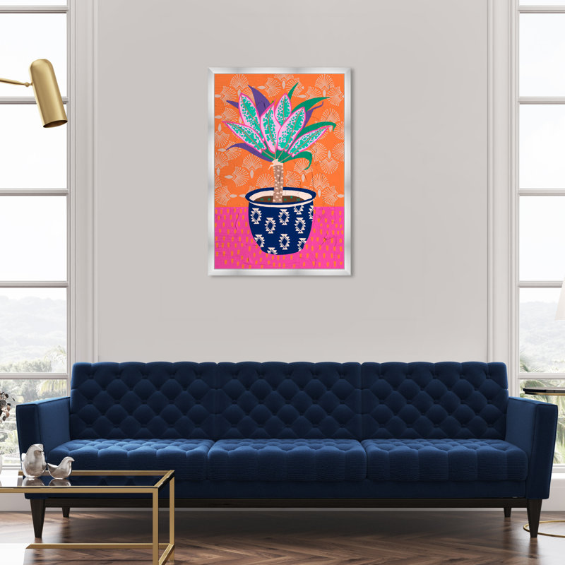 Pot de plantes à motif coloré - peinture sur papier, H 38 po x l 26 po, Papier avec cadre argenté