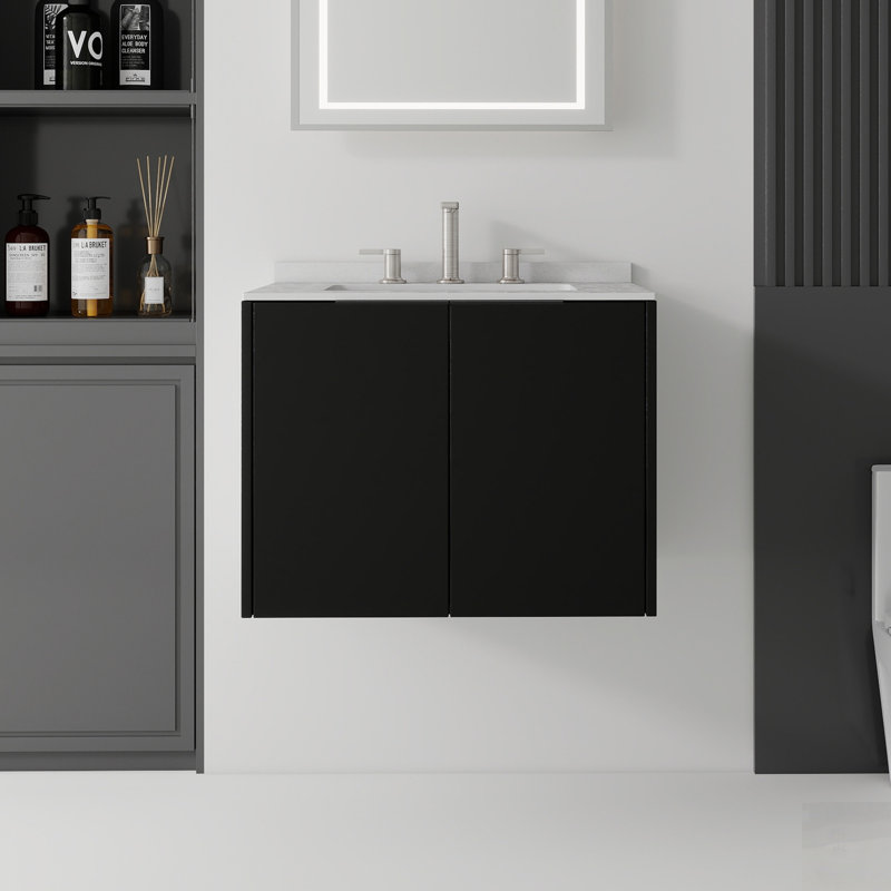 Meuble-lavabo flottant avec porte à fermeture douce, comptoir en marbre de culture et contreplaqué durable, Noir, 23"