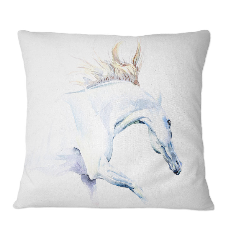 Coussin White Horse In Watercolor - Traditional, 16 po x 16 po