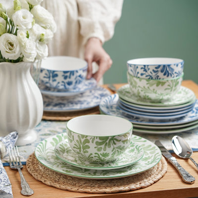 Service de table en porcelaine 16 pièces, ensemble de bols à assiettes florales bleues et vertes, service pour 4