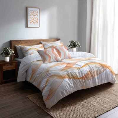 Abstract Bedding Set 5 Pcs - Modern Orange And White Terra Lines Duvet Cover And Throw Pillow Set