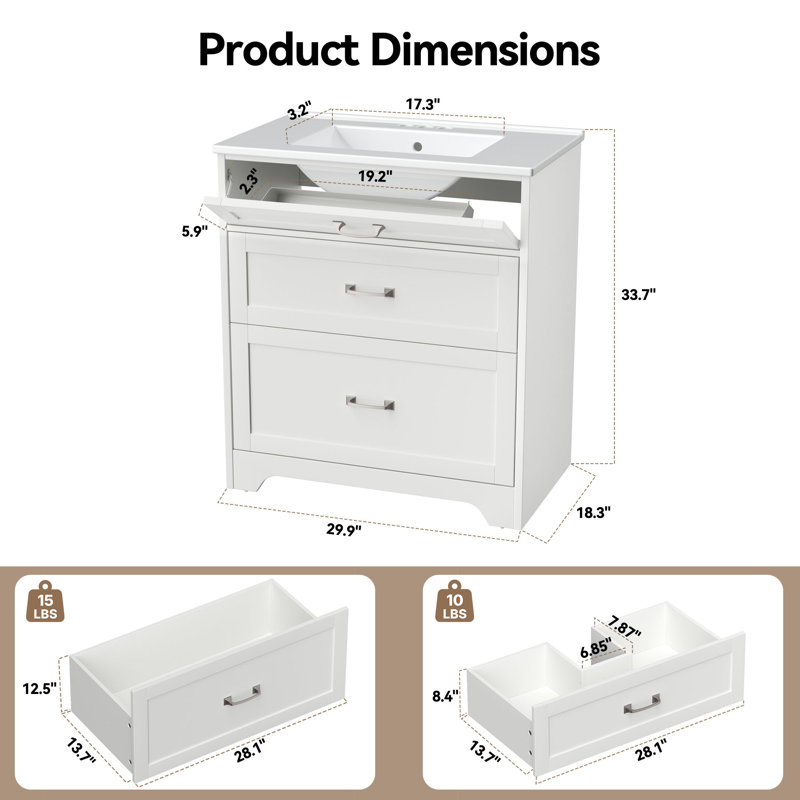 30" Bathroom Vanity with Ceramic Sink, Modern Vanity with Storage Cabinet, Tilt-Out Drawer, Easy Assembly, White, White