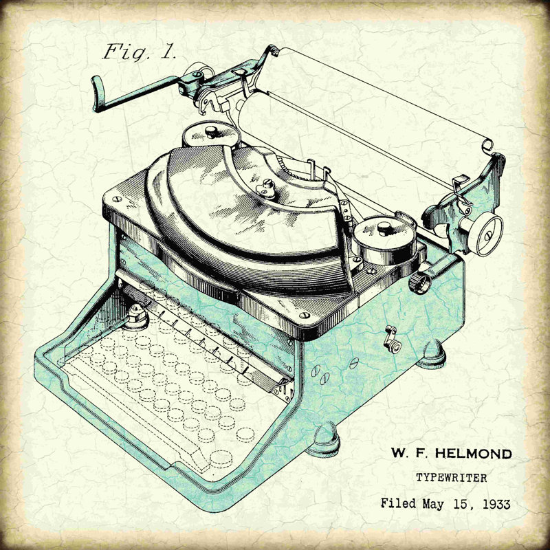 Patent Typewriter - Wrapped Canvas Painting, 12" H x 12" W  