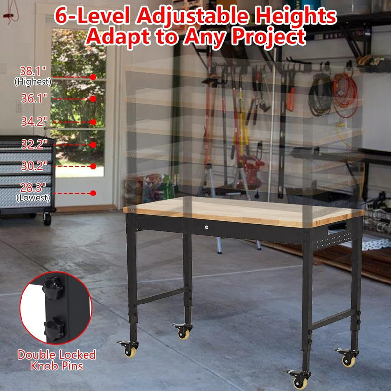Établi réglable 48 po x 24 po en bois d'hévéa, établi à roulettes avec cadre en métal robuste avec prises de courant et roulettes pour garage, atelier, bureau et maison