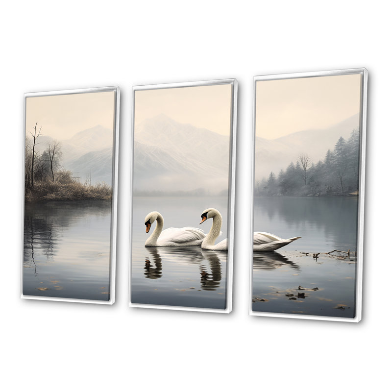 The Swans Odyssey - Ensemble de décoration murale animaux cygnes, Cadre flottant blanc, H 28 po x l 36 po x P 1 po