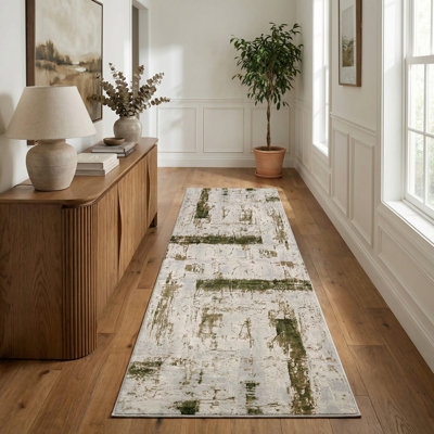 Tapis d'entrée à motif abstrait vert / beige 3 pi x 5 pi (2 pi 8 po x 4 pi 8 po) Silvan