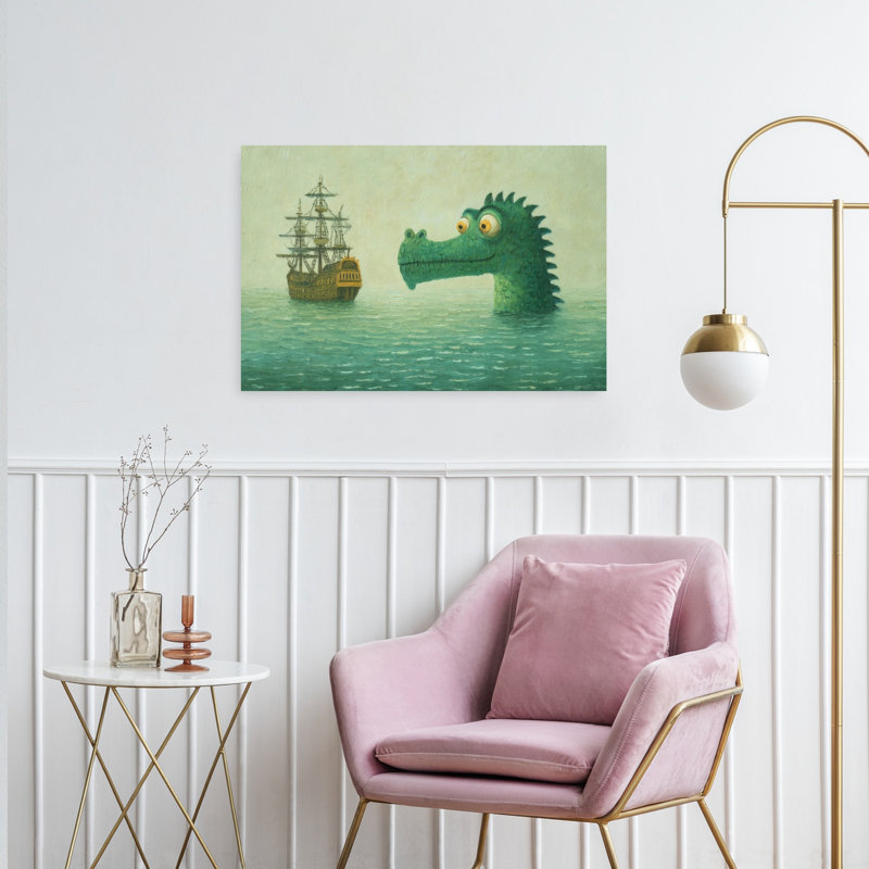 Cute Sea Monster Contemporary Wall Art Print 1 Piece Wrapped Canvas Wall Art, 60.96cm H x 91.44cm W