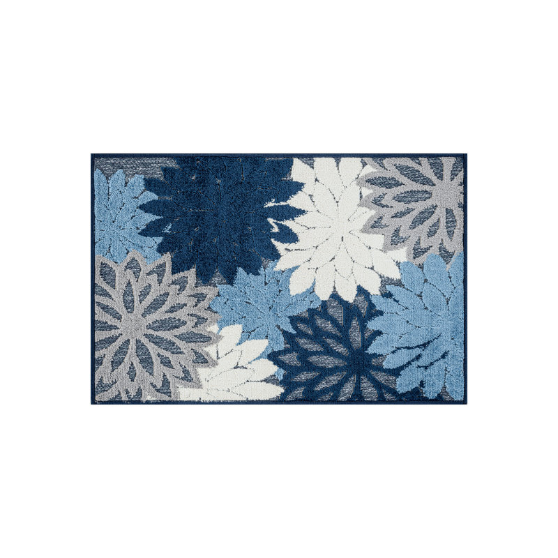 Tapis floral bleu marine / ivoire intérieur / extérieur, Marine, Rectangulaire 2 pi x 3 pi