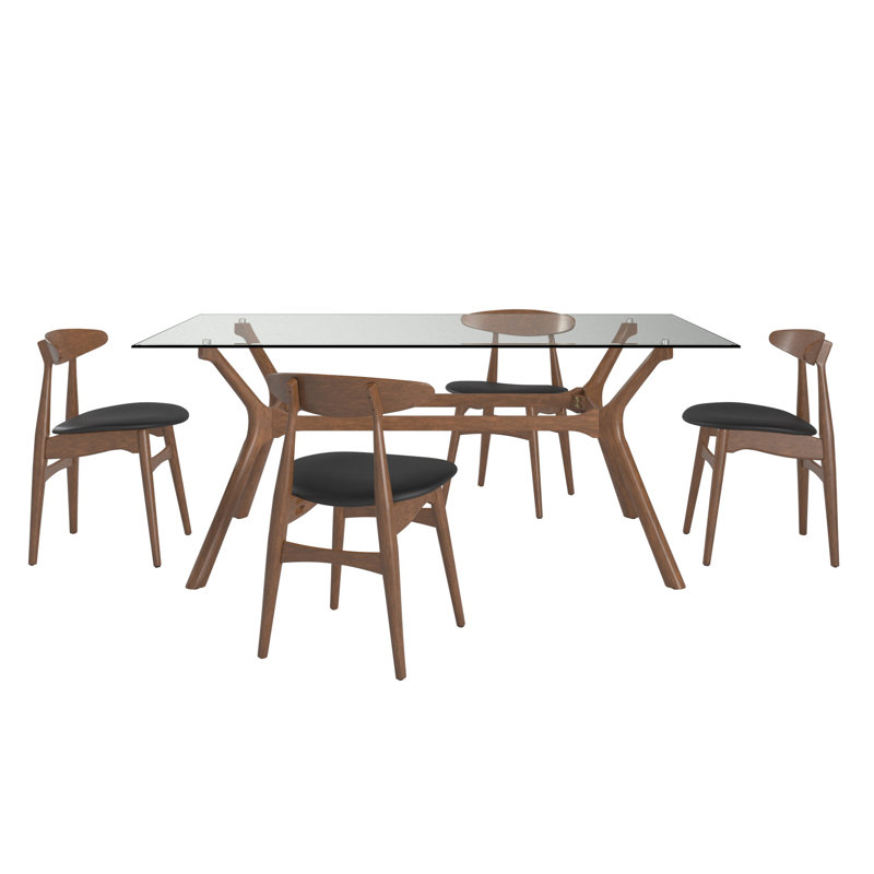Arne Mid-Century 72" Glass Top Walnut Finish Rectangular Table Dining Set with Black Faux Leather Chairs