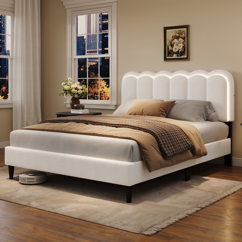 Aurora Soft-Touch Petal Headboard Bed Frame With Integrated Ambient Lighting, Full