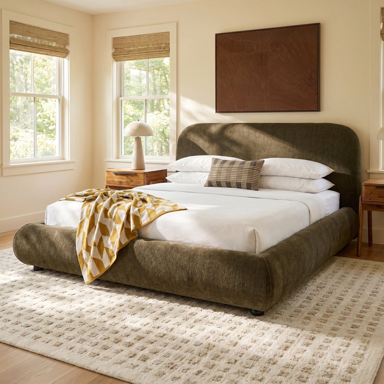 Reggie Platform Bed, King, Olive Green Performance Chenille