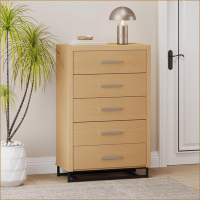 Commodes et amp; Commode industrielle contemporaine à 5 tiroirs avec base en fer | Panneau de fibres à densité moyenne | Naturel