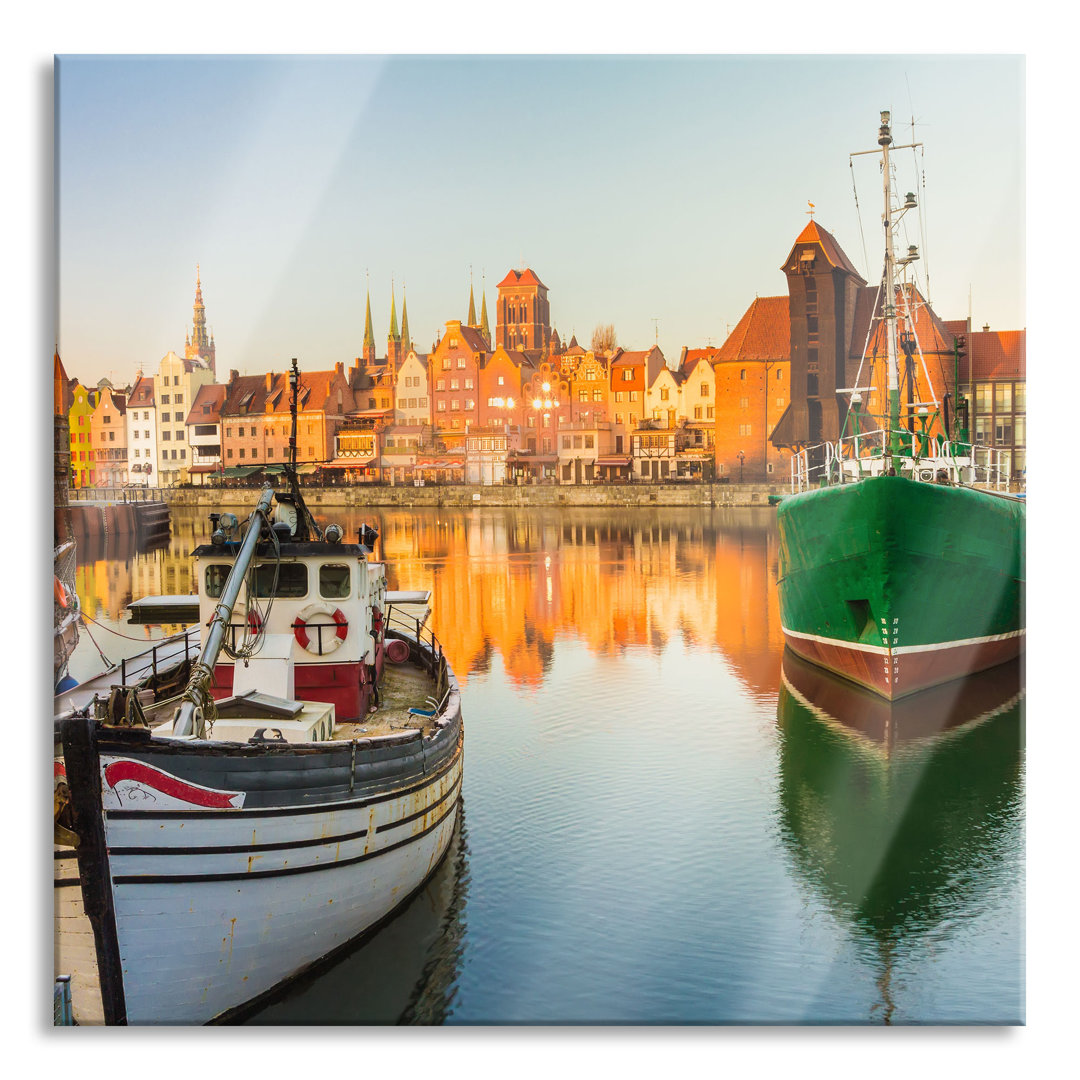 Glasbild Hafen in der Abenddämmerung