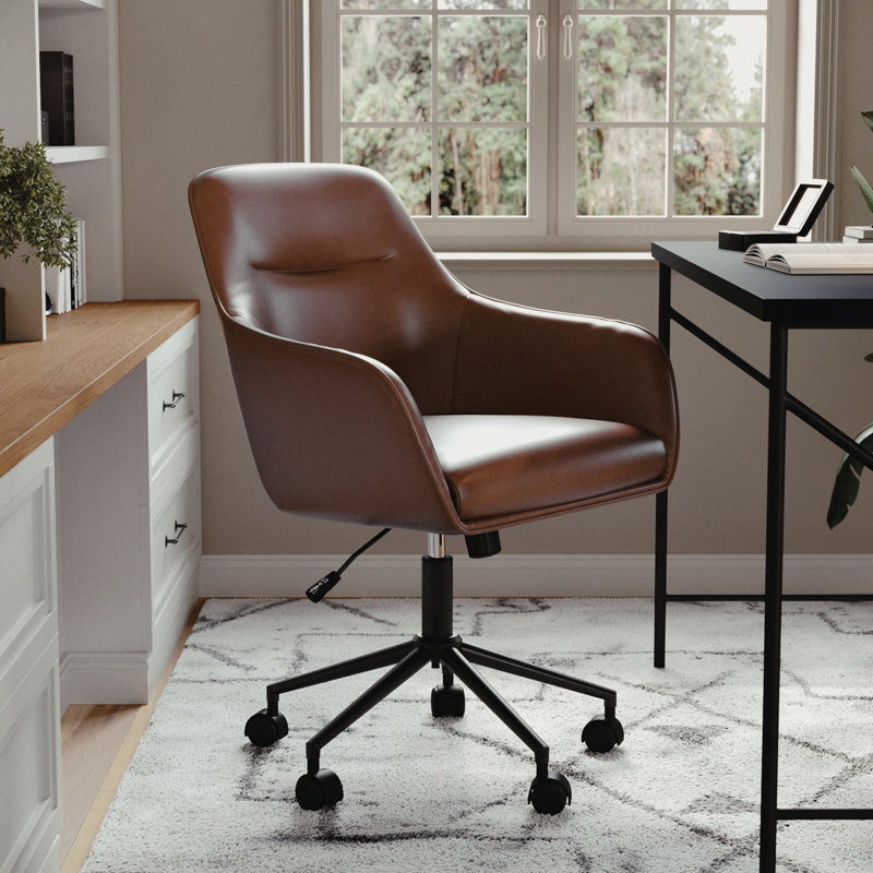Martha Stewart Rayna Upholstered Swivel Home Office Chair with Flared Arms, Saddle Brown, Oil Rubbed Bronze