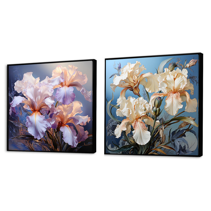 Iris baignant dans une aurore argentée clair de lune - ensemble de 2 carrés iris, Cadre flottant noir, H 36 po x l 73 po