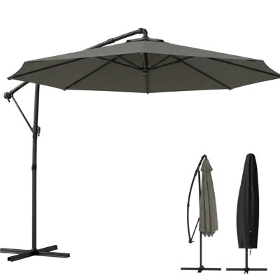 Parasol de patio extérieur en porte-à-faux avec auvent incliné flexible, rotation à 360 °, auvent 200 g / m² pour la résistance et la prévention de la décoloration, nervures anti-rouille, manivelle à fermeture facile, croix ventilée