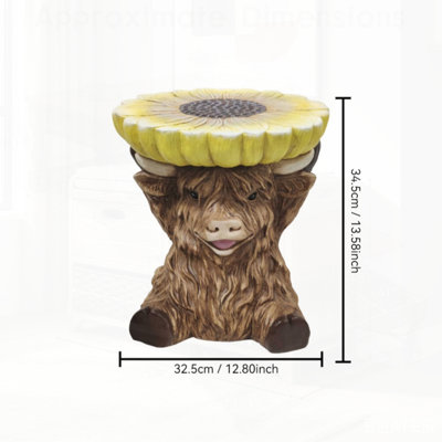 Tabouret vache des Highlands avec plateau tournesol jaune, table d'appoint mignonne en forme d'animal de ferme pour la décoration intérieure et extérieure, siège créatif et fonctionnel